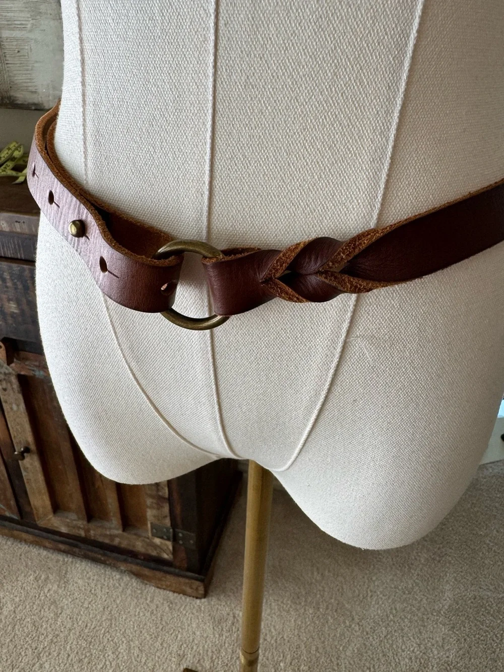 Braided Brown Leather Waist Belt with Antiqued Brass Ring